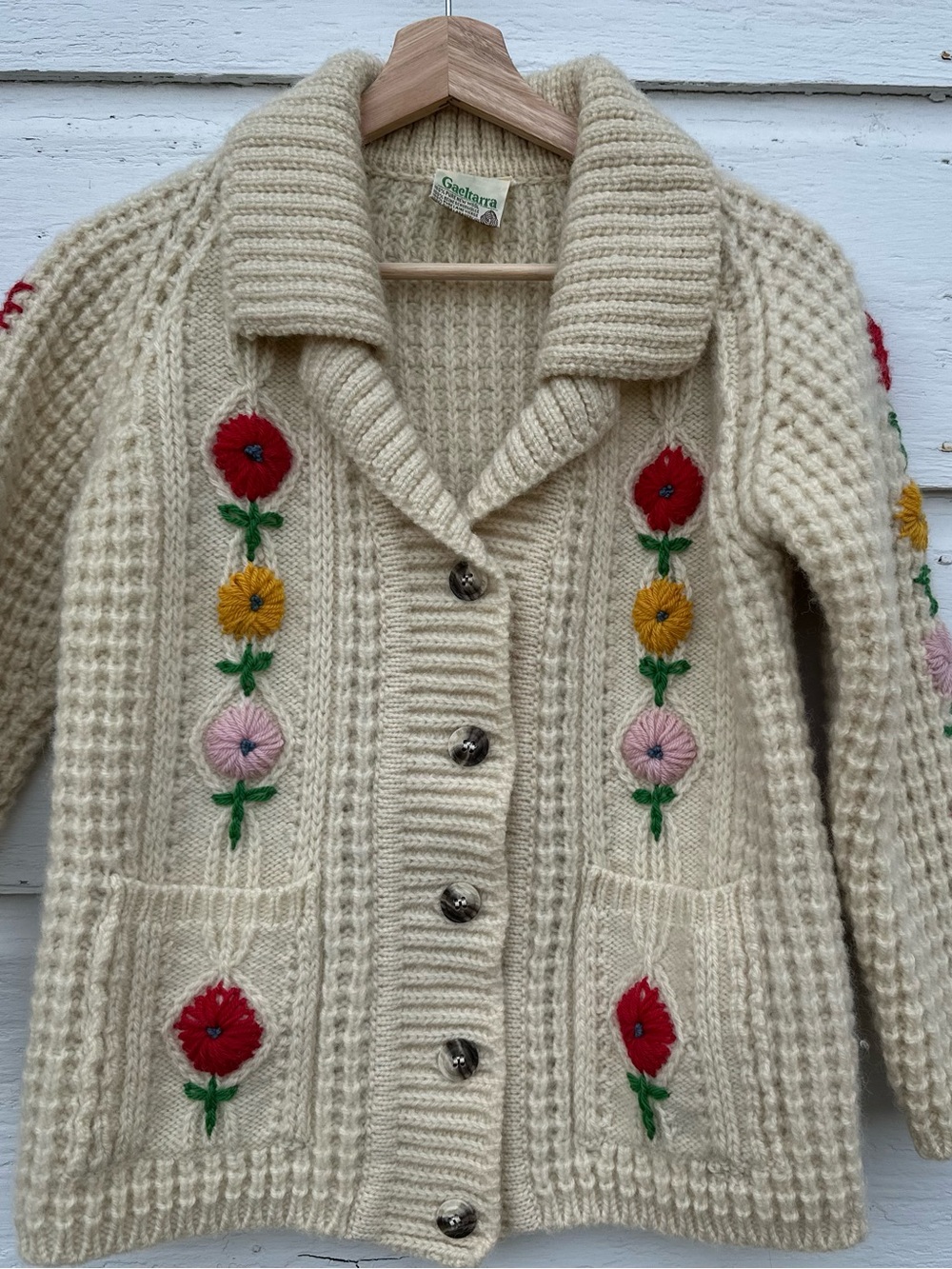 Cream Floral-Embroidered Button Cardigan Sweater